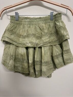 LoveShackFancy Olive Green Tiered Lace Mini Skirt